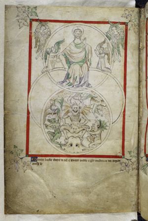 Miniature of God holding a compass with angels and cherubins, and Lucifer with fallen angels and devils