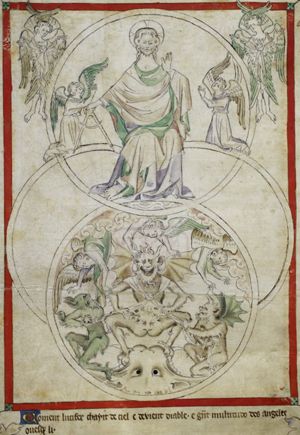 Miniature of God holding a compass with angels and cherubins, and Lucifer with fallen angels and devils