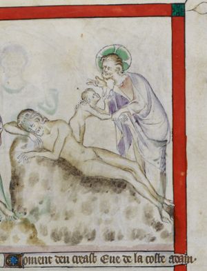 God holds the hand of Eve who emerges from the side of Adam's body