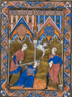 Cain kills Abel with a spade; God questions Cain; he hides the spade behind his back