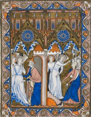 Lot receives the angels; they blind the Sodomites