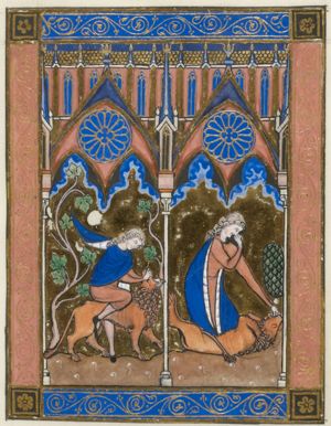 Samson overcomes the lion; he takes honey from its carcass