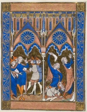 Samson breaks his binds and slays the Philistines; he prays for water