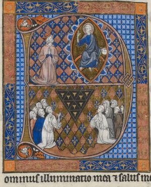 Dominus illuminatio; Salvator Mundi with David kneeling; kneeling figures, mostly monastic, looking up at lamps