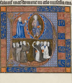 Dixit custodiam vias; Salvator Mundi with David kneeling; kneeling figures pointing at their mouth
