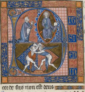 Dixit insipiens; Salvator Mundi with David kneeling; two men wrestling