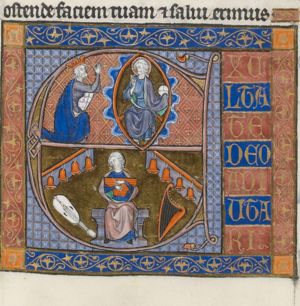 Exultate Deo; Salvator Mundi with David kneeling; a man playing a psaltery, surrounded by musical instruments