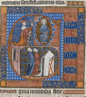 Cantate domino canticum novum; Salvator Mundi with David kneeling; clerics singing