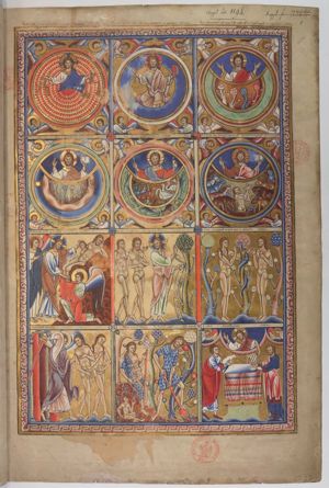 the Creator - a bust of the bearded Christ Logos - measuring the Universe with both arms held sidewards, holding compasses in his right and scales in his left hand, is represented in front of concentric circles with small flames; four Cherubim surround the circles.