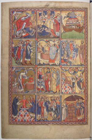 Cain treads upon Abel, raising his hands above his head, holding a club; Abel is fallen to the ground, bending his right hand to his head - with a wound in his forehead - and leaning on his left hand; an angel appearing from a cloud with his hand stretched down; trees.