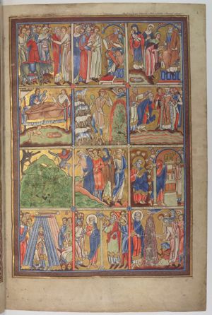to the right Jacob and Joseph embrace; Jacob is followed, on the left, by his family, making various gestures: a woman holds her right hand in front of her with the palm in front view and raises her left hand in a gesture of speech; one of the sons holds his right hand in front of his chest, resting it on the fastening of his cloak; another one holds his right hand down pointing at the livestock: a cow, a goat, a donkey and a boar walking from left to right.