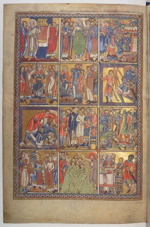 Moses raises his left hand, holding a candle(?) in front of the Ark of the Covenant, carried on poles by two men.