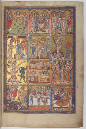 John the Baptist, standing at Christ's left, touches with his right hand the head of Christ, who is represented with both hands in front of his chest, with the palms in front view, like an `orans'; the Holy Ghost, as a dove, descends; the `Dextera Dei' holding an inscribed scroll, next to the dove; to Christ's right a few men stand on the shore, the foremost of whom stretches out both hand hands with the palms towards each other.