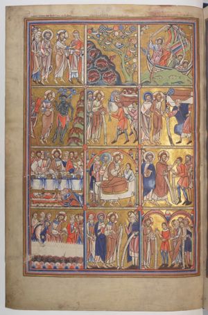 spread out over two compartments: LEFT: Christ, holding an inscribed sceoll in his left, stretches his right hand forward, pointing at (RIGHT) a hill, where foxes leave and enter holes and where birds nestle in a tree; also LEFT: the scribe, wearing a hat, holding his right hand forward with palm turned up and with an inscribed scroll in his left, turns his head back to his right, looking at Christ; behind Christ: Peter with a closed scroll in his left, pulling up his cloak with his right; the foremost of the other apostles also holds a closed scroll in his left.