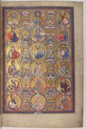 three vertical rows of six medallions: in the central row, bottom to top: Jesse with his arms held sidewards, holding the frame of the medallion; David, with a sceptre in his right and a scroll in his left; Salomo, with a sceptre in his left and a scroll in his right; a third king, holding only a scroll; Mary, with both arms stretched sidewards, her left with the palm in front view and holding a branch in the right; Christ with both arm sidewards, a cross in the right and an open book in his left hand; in the medallions to the right and left: prophets and apostles, all holding a scroll and making various gestures with their hands; only two are clearly identifiable: Peter, to Christ's right, holding keys in his right, and Paul, to Christ's left.