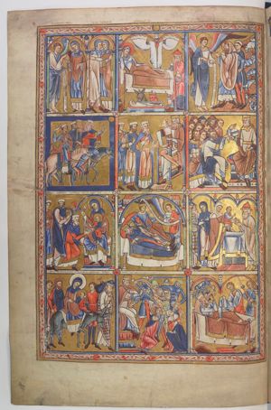 Mary, standing to the right with a book in her left hand and holding her right hand forward with the palm in front view, is visited by Gabriel who holds an inscribed scroll in his left hand and stretches his right hand forward in a gesture of speech; architectural setting.