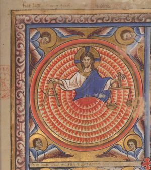 the Creator - a bust of the bearded Christ Logos - measuring the Universe with both arms held sidewards, holding compasses in his right and scales in his left hand, is represented in front of concentric circles with small flames; four Cherubim surround the circles.