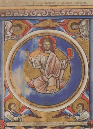 the Creator - a three-quarter length, enthroned and bearded Christ Logos - with both arms held sidewards, making a blessing gesture with his right hand and holding a book in his left (like a `Pantocrator'), is represented within concentric circles; four angels, stretching their hands forwards, with the palms turned towards each other, surround the circles.
