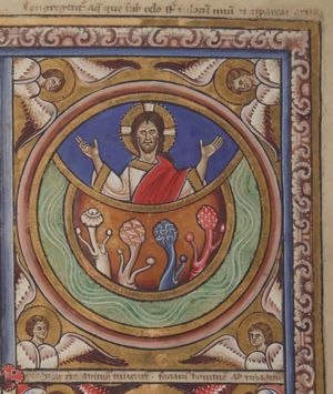 inside concentric circles: the Creator - a bust of the bearded Christ Logos - with arms sidewards, making a blessing gesture with the right and holding the left with the palm in front view, is represented within a `concha-like' circle segment; plants and the waters(?) within other circle segments; four Cherubim surround the circles.
