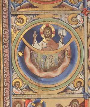 inside concentric circles: the Creator - the bearded Christ Logos as `Pantocrator', making a blessing gesture with his right hand and holding an open book in his left - within a `concha-like' circle segment; sun, moon and plants, all in separate circle segments; four angels with their hands stretched forwards, the palms turned towards each other.