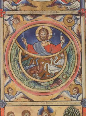 inside concentric circles: the Creator - a bust of the bearded Christ Logos - with arms held sidewards, making a blessing gesture with the right with which he simultaneously holds a sceptre and holding a closed scroll with his left, is represented within a `concha-like' circle segment; birds and fishes in separate circle segments; recognizable: jelly-fish(?), spoonbill, cock, swan and stork; four Cherubim surround the circles.