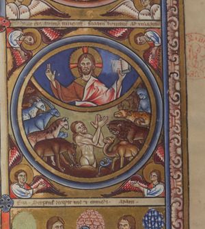 inside concentric circles: the Creator - a bust of Christ Logos as `Pantocrator' with an open book - within a `concha-like' circle segment; Adam, arising from the earth, raises his hands with the palms towards each other and looks up; land-animals surround him: goat, unicorn, horse, elephant, snake(?), dromedary, lion, elk, monkey; four angels with a forward-stretched hand surround the circles.