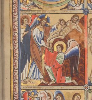 the Creator - the bearded Christ Logos - touches with his left hand the head of Eve, which appears from the side of Adam, who is sleeping on his side with his head in his hand; his right hand he stretches down to the covered hands that an angel, kneeling on one knee in front of him, stretches forward; a second angel, behind him, holds his right hand in front of his chest.
