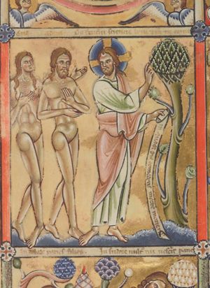 Christ Logos stretches his right hand forward, pointing at the tree of knowledge of good and evil, and holds an inscribed scroll in his left, while turning his head back to his right, looking at Adam and Eve behind him; Adam holds his right arm in front of his abdomen and his left hand in front of his chest with the palm in front view; Eve holds her right hand in front of her chest and stretches her left hand forward.