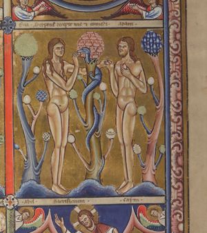 Eve, standing to the left of the central one of three trees, takes some of the fruit from the serpent with her right hand, while simultaneously offering some of it with her left hand to Adam, at the other side of the tree; Adam, accepting this with his right hand raised, holds another piece with his left hand in front of his chest.