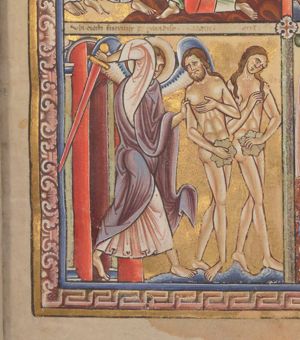 an angel, walking through the gate of paradise, raises his right arm with a sword in it and pushes with his left hand against the shoulder of Adam, who turns his head back to his right and holds his left hand in front of his chest, while covering himself with a leaf; Eve walks in front of Adam, also covering herself with a leaf and holding her right hand in front of her chest.