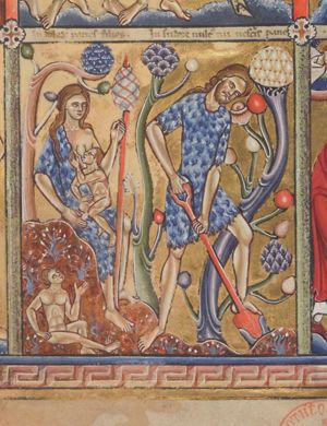 Adam spading the soil, dressed in a fur; Eve - also dressed in a fur - spinning, while suckling Abel(?), sitting with his right hand down on his thigh; Cain(?) (jealous?), sitting with one leg drawn up and the other stretched forward, looks up at Eve and raises his left hand with the palm in front view; both boys are naked; trees.