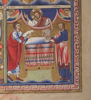 God appears in the central one of three circle segments, representing heaven, with an angel in the smaller ones at either side of him, turning his head to his right, looking at Abel; he raises his right hand in a blessing gesture, and holds his left hand down, outside the circle, refusing Cain's sacrifice; Cain and Abel are both holding their sacrifice, a sheaf of corn and a lamb, with forward stretched hands above an altar.