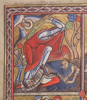 Cain treads upon Abel, raising his hands above his head, holding a club; Abel is fallen to the ground, bending his right hand to his head - with a wound in his forehead - and leaning on his left hand; an angel appearing from a cloud with his hand stretched down; trees.
