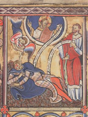 an angel coming out of a cloud carries Abel's soul - in the shape of a little human being with forward stretched hands - leaving his mouth, while he lies on his back with his head turned to his right; a wound in his forehead.