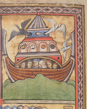 a raven and a dove leaving the ark and a dove returning to it with an olive -branch, are depicted simultaneously; inside the ark Noah and his family are shown; animals look out of small windows.
