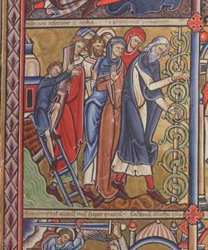 Noah plants a vine, having left the ark, followed by his family, making various gestures: one holds his hand in front of his chest, making a gesture of speech; another holds her hand in front of her chest, with the palm in front view; one of his sons is still busy climbing out of the ark: he is descending a ladder, while clinging to the prow.