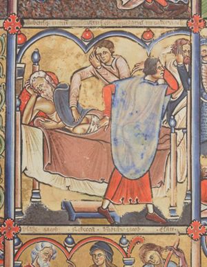 Shem and Japheth, averting and covering their face, cover their father, who is lying asleep, resting his head in his hand; Ham, like his brothers, averts his face; architectural setting.