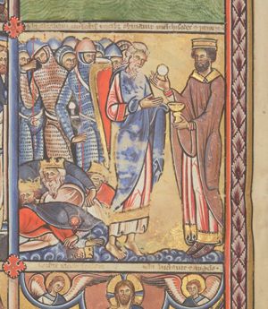 Melchizedek, holding a chalice in his left hand, presents the host with his right to Abraham, who stretches his hands forward, the left one covered; a group of soldiers behind Abraham, of whom one looks down upon the corpses of the four kings, one of which is decapitated.
