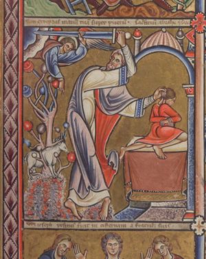 Abraham holds Isaac - seen in lost profile - who is kneeling on an altar under a canopy with his hands tied behind his back, by his hair with his left hand; he raises his right hand with the sword to kill his son; an angel appears from a cloud, seizing the sword with his raised left hand, stretching his right hand down, pointing at the ram caught in a thicket.