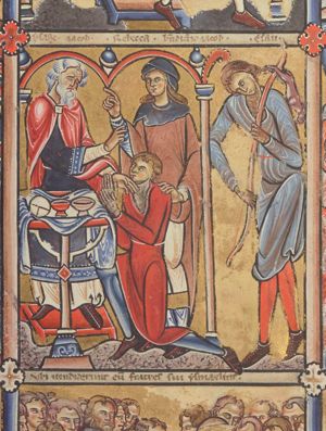 Isaac is sitting behind a small, laid table; turning his head to his left, he stretches his hands sidewards to the left, making a blessing gesture with his right and touching Jacob's neck, covered with a goatskin, with his left; Jacob is kneeling on one knee, with both his hands, covered with goatskin, stretched forward with the palms turned towards each other; Rebekah stands behind him, touching his shoulder with her left, and raising her right in a gesture of speech; to the right Esau comes back with a hare hanging from the bow he carries over his shoulder; architectural setting.