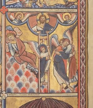 sleeping on the ground with a stone for pillow, resting his head in his hand, Jacob sees a ladder reaching from earth to heaven, represented as three segments of circles; in the central one God holds the ladder; in the smaller ones at either side of him: an angel; one angel ascends the ladder.