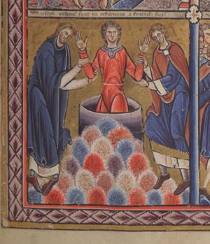 Joseph, holding both arms sidewards like an 'orans', is lowered into the pit by two of his brothers, who hold him at either side by his arm and elbow.