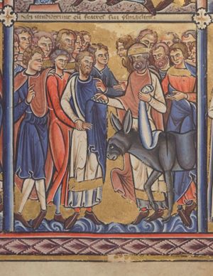 the leader of the group Ismaelites, coming from the right, carries a money-bag in his left hand, and pays for Joseph to one of his brothers, who receives the money in his covered left hand, held in front of his body, while he leads Joseph by his right wrist with the other; the brothers stand in a group behind them; two of them holding their hand in front of their chest, pointing at Joseph, while one of these two at the same time pushes(?) against his shoulder; one of the Ishmaelites stretches his right hand forward with the palm turned upwards; a donkey moves from right to left in front of the group Ishmaelites.