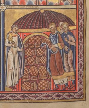 Joseph, holding the rim of his cloak with his left hand forward and carrying a pair of keys with his right, stands in front of a domed storehouse, where sheaves are piled up; from the right three men come up to him, of whom the foremost carries a sheaf in his covered right hand; the second one holds his left in front of his chest, making a speaking gesture.