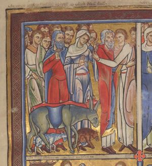 to the right Jacob and Joseph embrace; Jacob is followed, on the left, by his family, making various gestures: a woman holds her right hand in front of her with the palm in front view and raises her left hand in a gesture of speech; one of the sons holds his right hand in front of his chest, resting it on the fastening of his cloak; another one holds his right hand down pointing at the livestock: a cow, a goat, a donkey and a boar walking from left to right.