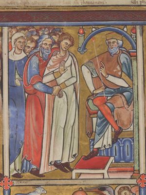 Joseph, with his right hand in front of his chest with the palm in front view, leads Jacob, whose right wrist he holds with his left hand; Jacob puts his left hand on Joseph's right shoulder; Pharaoh - seen in three quarter view - is sitting to the right under a canopy, with his legs crossed, stretching his left hand forward in a gesture of speech and holding a sceptre in his right, which rests on his thigh; his left foot rests on a footstool; Jacob is followed by his family, forming a tight group.