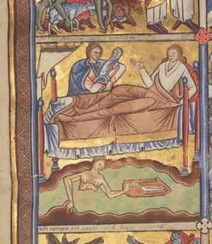 a servant of Pharaoh's daughter seizes the basket with her outstretched left hand, while wading naked through the river.