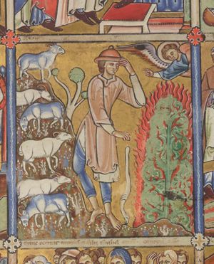 Moses, barefoot, drops his rod, which has changed into a serpent, while turning his head back to his left, holding his left hand in front of his face in a gesture of protection towards the burning bush; he looks at the angel floating above it, who makes a gesture of speech with the right hand stretched forward; a herd of goats, flowers and a tree on Horeb.