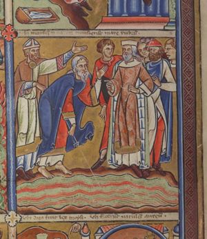 Moses, bowing over the water, stretches his right hand down, touching the water with his rod, and raises his left hand with the palm in front view; Aaron, dressed as a bishop, behind Moses, touches his hip with his right hand and stretches his left hand forward with the palm in front view; Pharaoh faces Moses and Aaron, holding a sceptre in his left and putting his right hand forward in a gesture of speech; a small group of men behind Pharaoh, one of whom lays his left hand around Pharaoh's shoulder and points down with his right hand at the water.