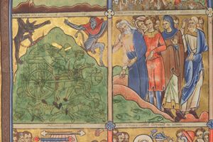 spread out over two compartments: LEFT: two devils in phantasy shape shooting arrows at Pharaoh standing in a chariot, whipping the draught-horses with forward stretched right hand; soldiers, falling from their horses, perish together with him; RIGHT: Moses, turning back his head to his right and holding down both hands, touches the Red Sea with the rod in his right hand; a man behind him lays both hands on his shoulders; a group of Israelites, making various gestures, to their right: a man pointing down at the water, a woman with a covered right hand holding her left hand in front of her chest with the palm in front view, turning her head back to her right; a man bends his right hand to his head, holding a closed scroll in his left.